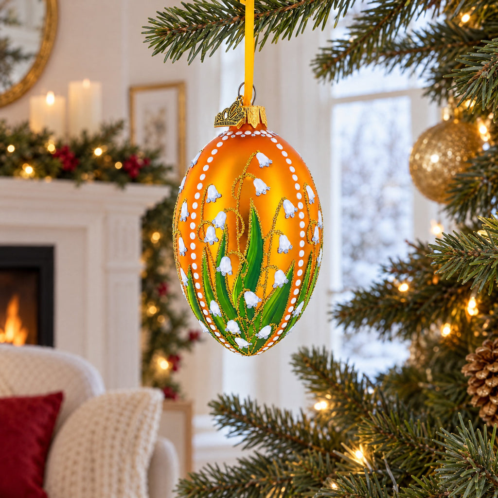 Lily of the Valley on Gold Egg Glass Ornament 4 Inches
