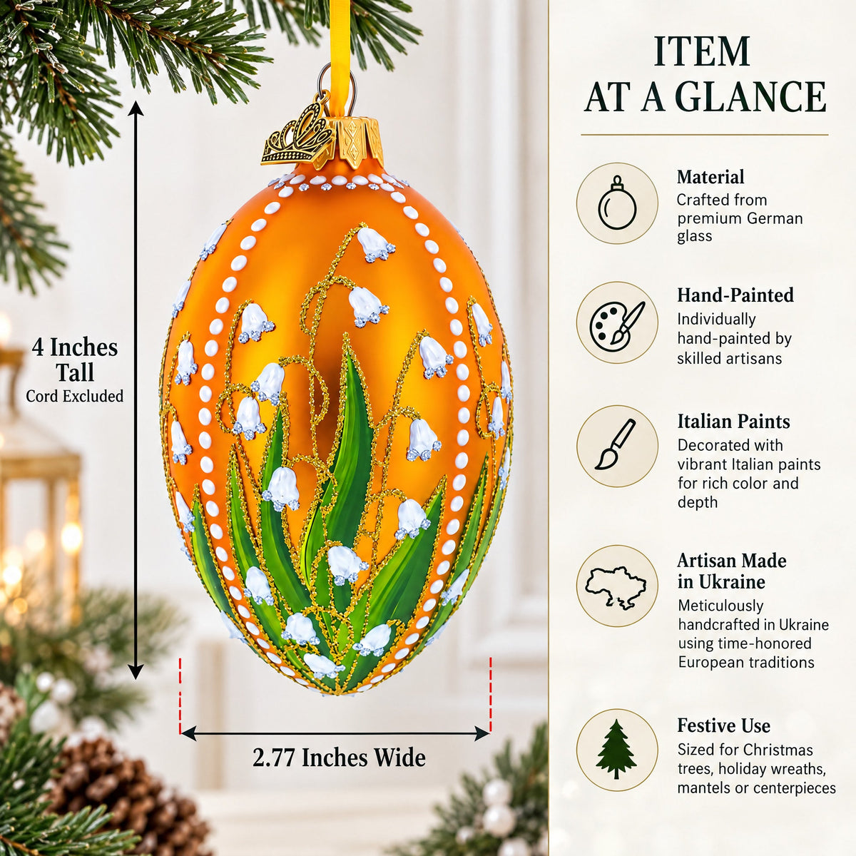 Lily of the Valley on Gold Egg Glass Ornament 4 Inches