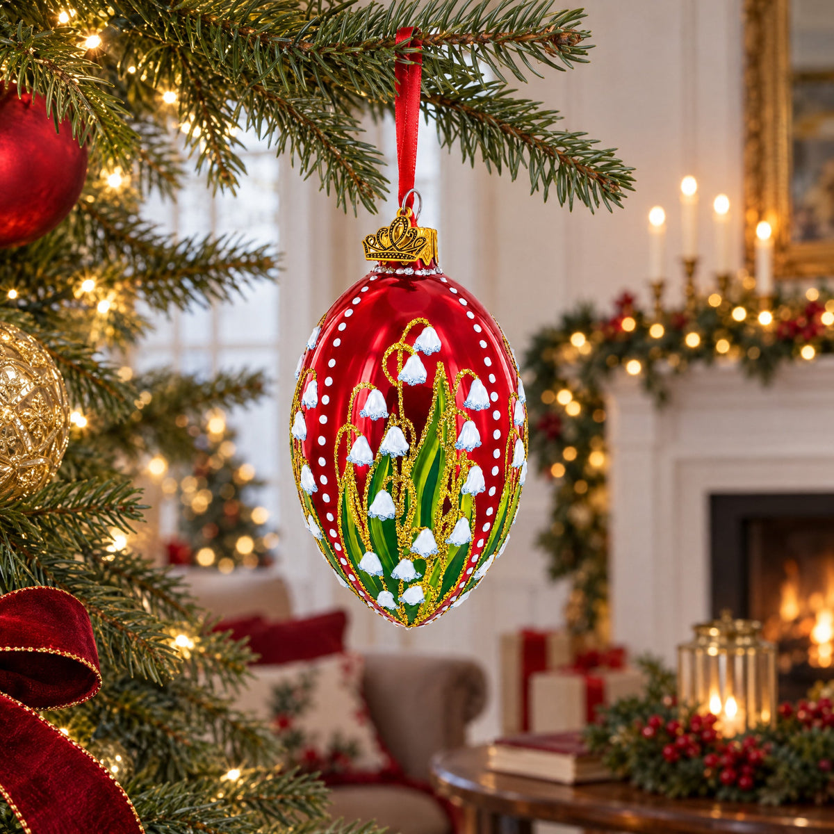 Lily of the Valley on Glossy Red Egg Glass Ornament 4 Inches