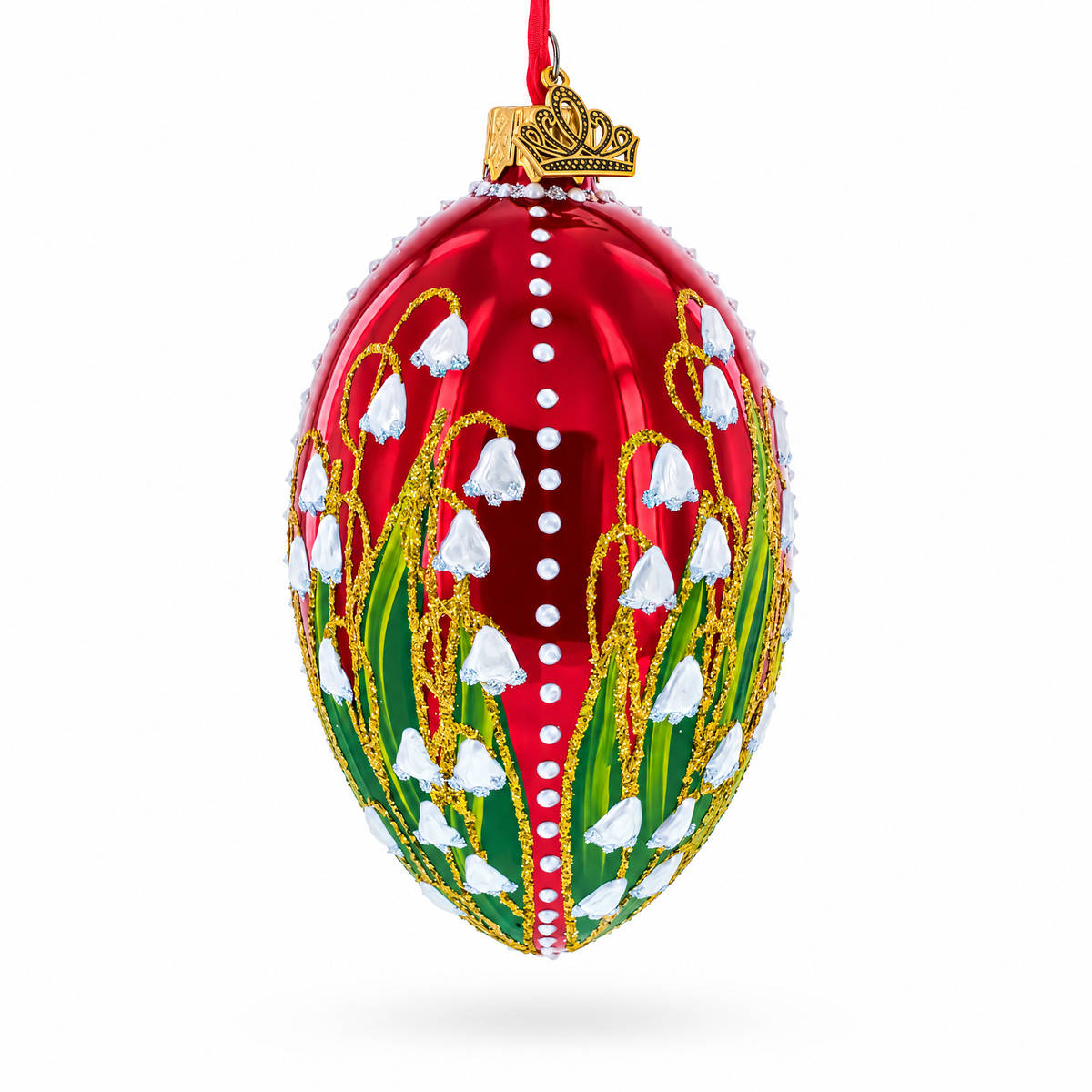 Lily of the Valley on Glossy Red Egg Glass Ornament 4 Inches