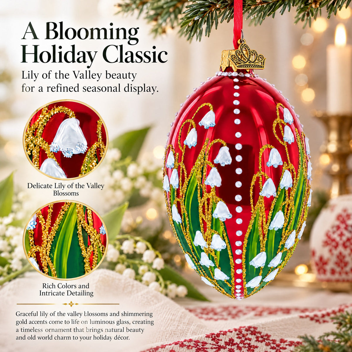 Lily of the Valley on Glossy Red Egg Glass Ornament 4 Inches
