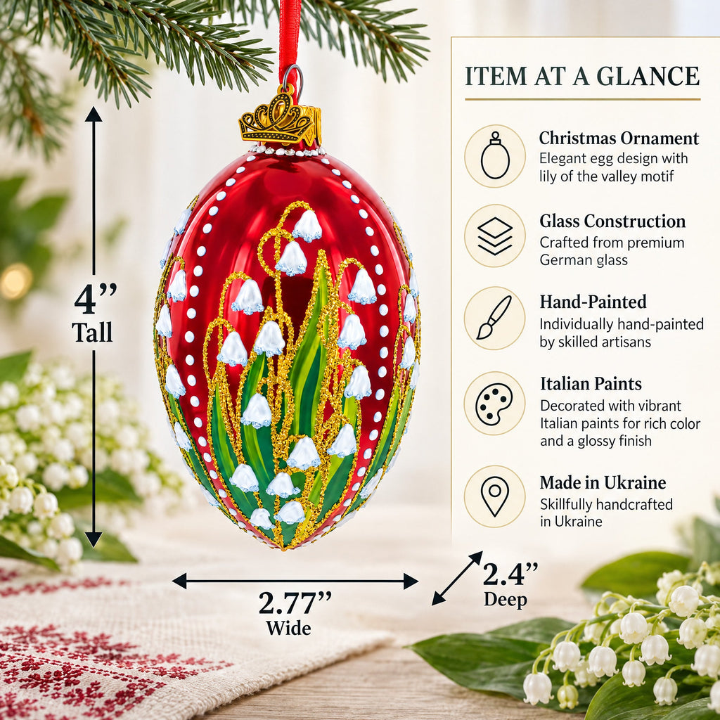Lily of the Valley on Glossy Red Egg Glass Ornament 4 Inches