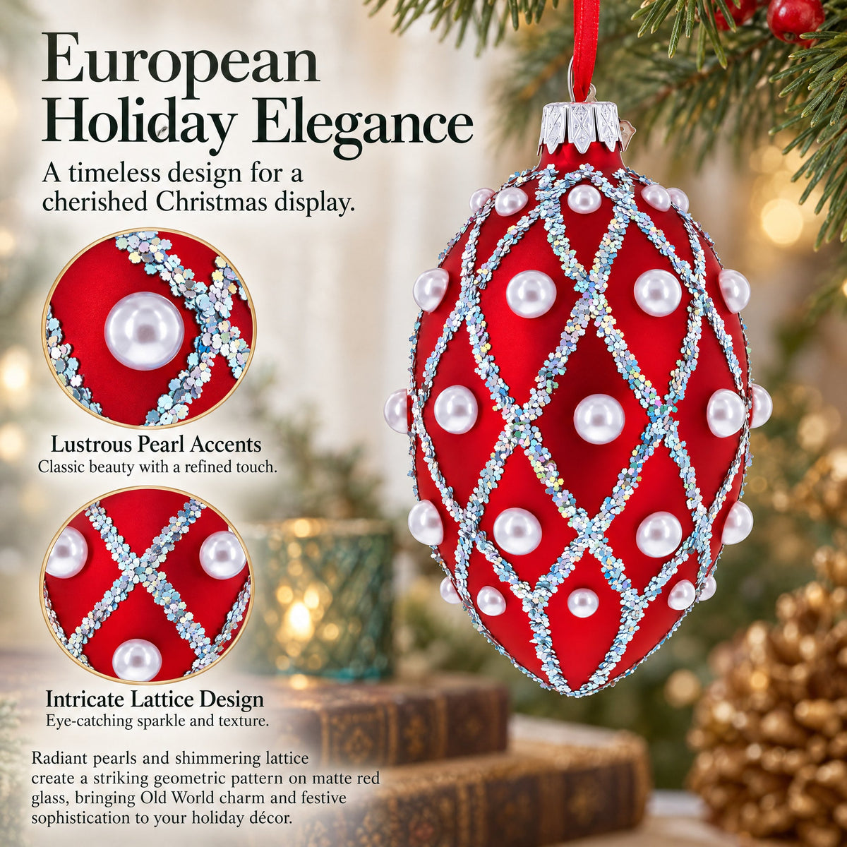 Red Pearl Lattice Glass Egg Ornament 4 Inches