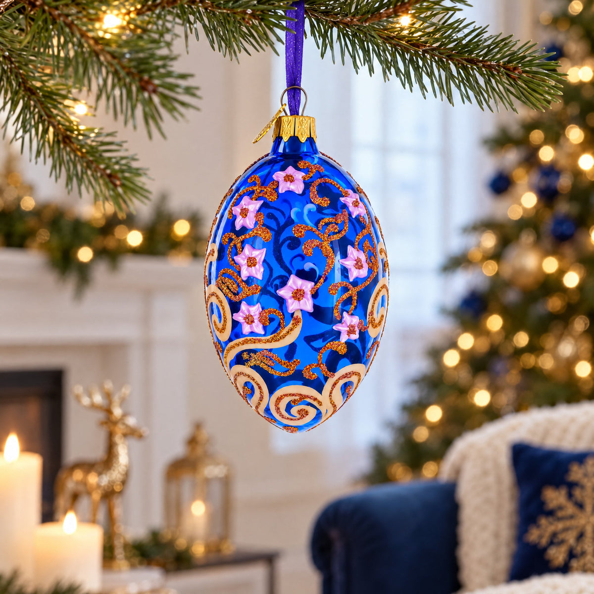 Cobalt Blue Floral Design with Pink Blossoms & Gold Glitter Scrollwork Glass Egg Ornament 4 Inches