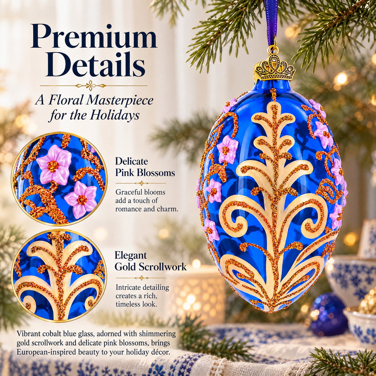 Cobalt Blue Floral Design with Pink Blossoms & Gold Glitter Scrollwork Glass Egg Ornament 4 Inches