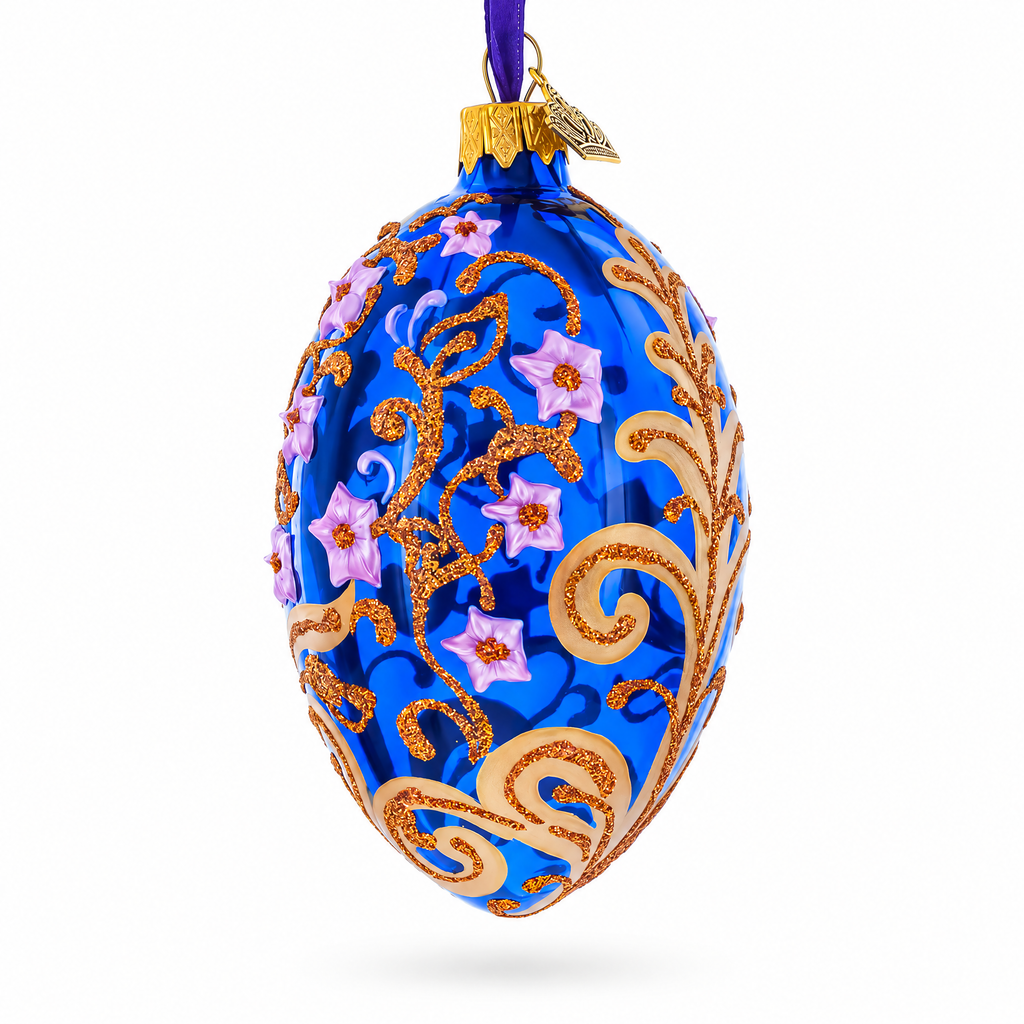 Cobalt Blue Floral Design with Pink Blossoms & Gold Glitter Scrollwork Glass Egg Ornament 4 Inches
