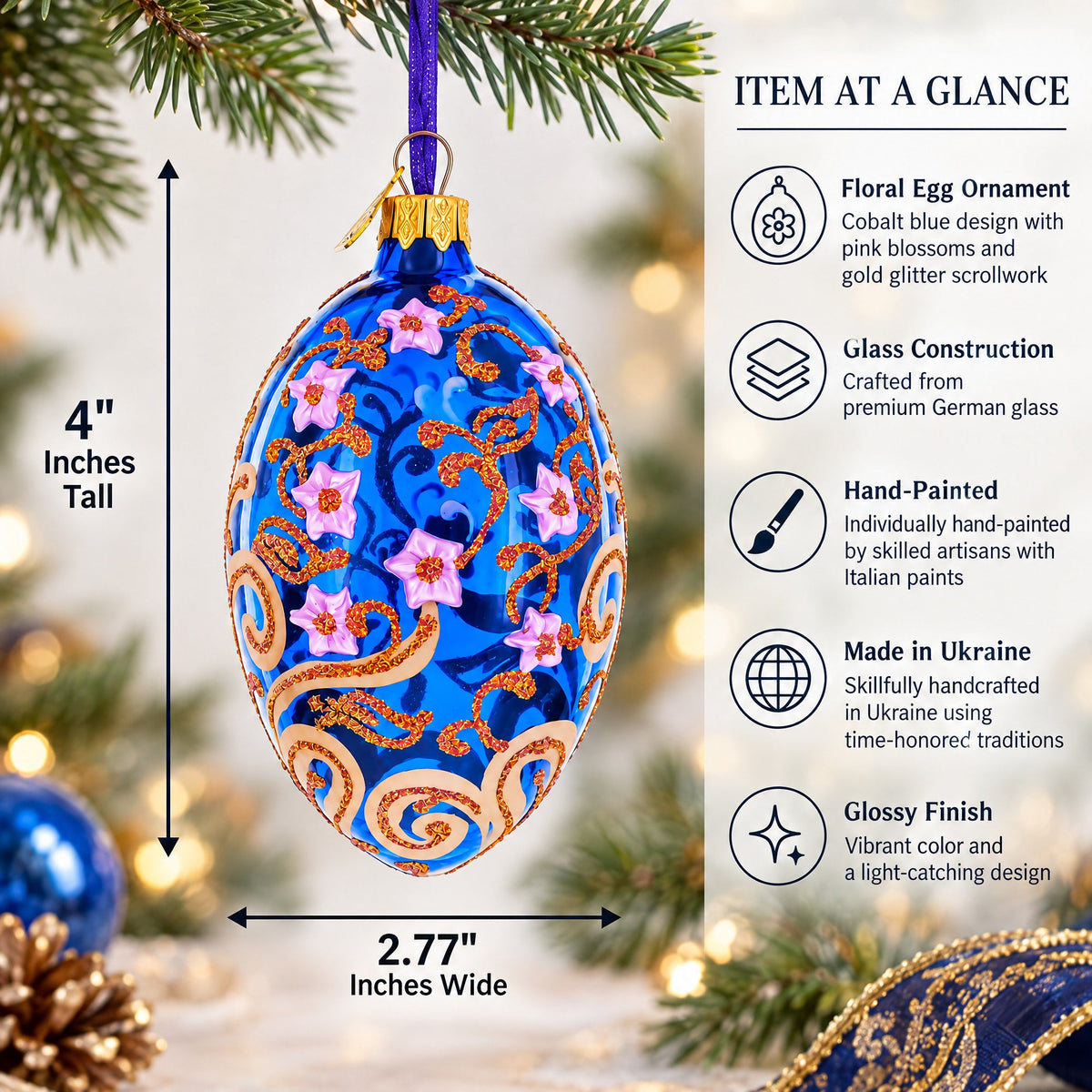 Cobalt Blue Floral Design with Pink Blossoms & Gold Glitter Scrollwork Glass Egg Ornament 4 Inches