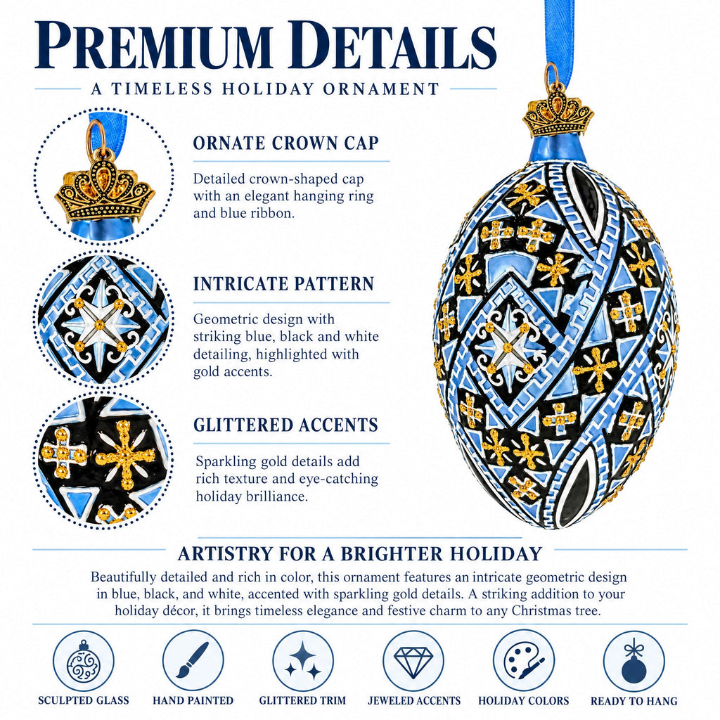 Ornate Midnight Blue Diamond Pattern Starburst Glass Egg Ornament