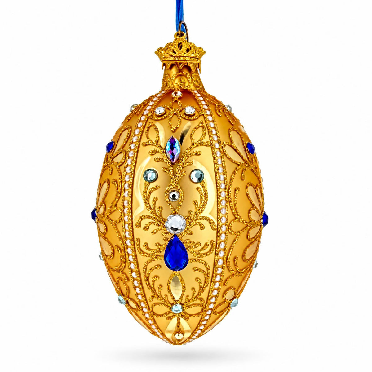 Gold Jeweled Scrollwork Glass Egg Christmas Ornament