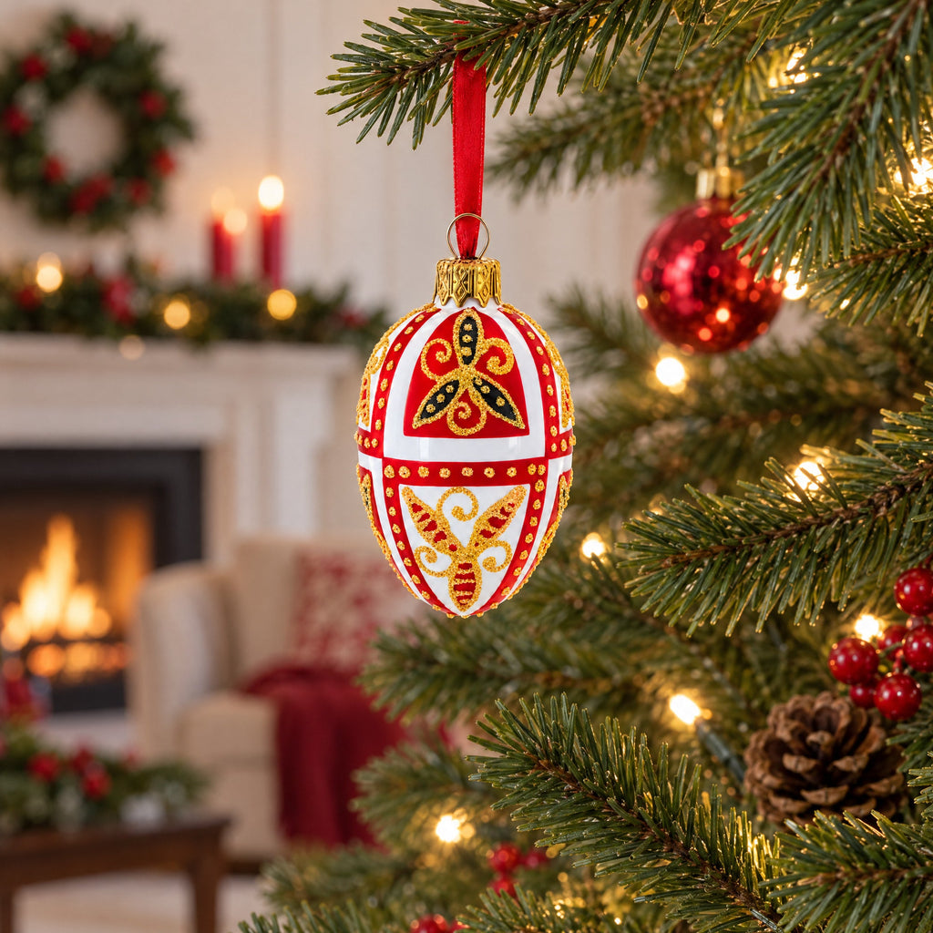 Red & Gold on White Floral Design Mini Glass Egg Ornament 2.9 Inches
