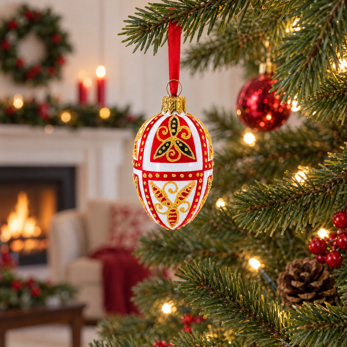 Red & Gold on White Floral Design Mini Glass Egg Ornament 2.9 Inches