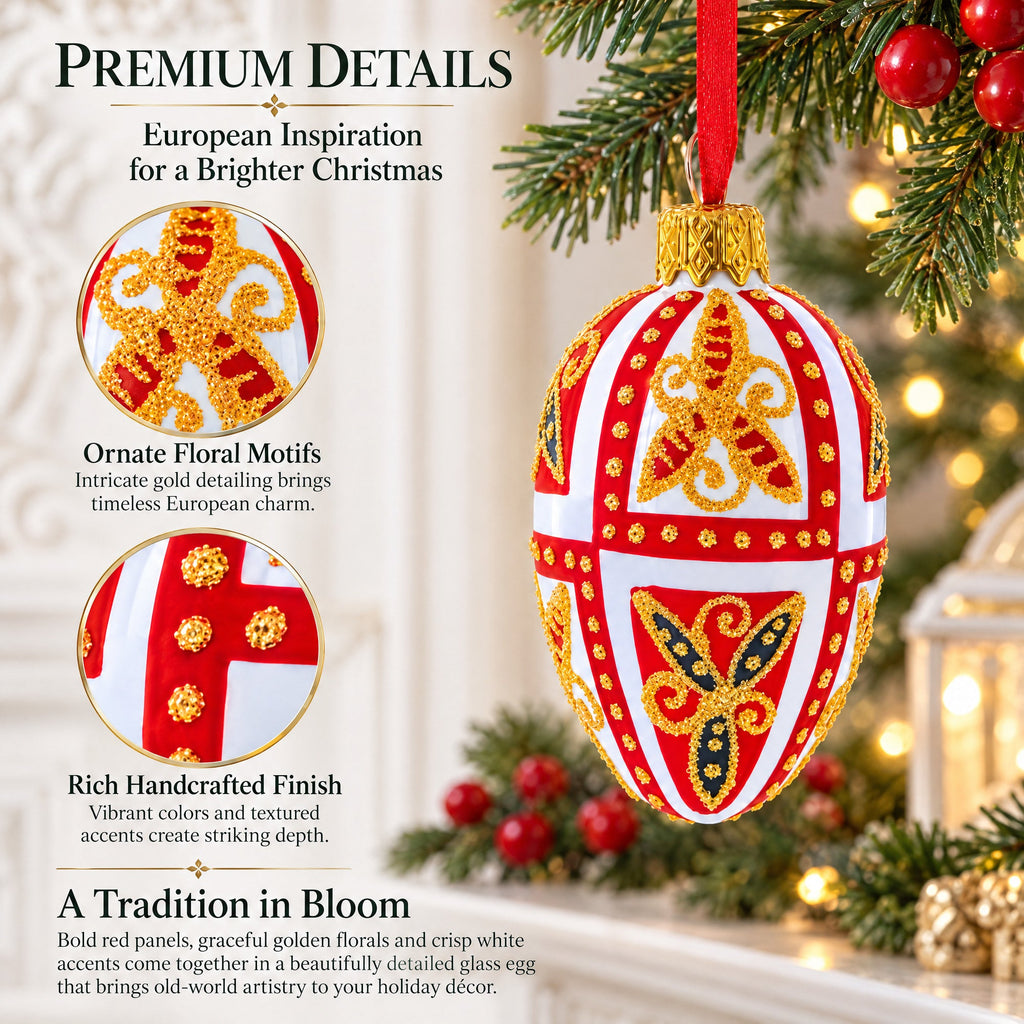 Red & Gold on White Floral Design Mini Glass Egg Ornament 2.9 Inches