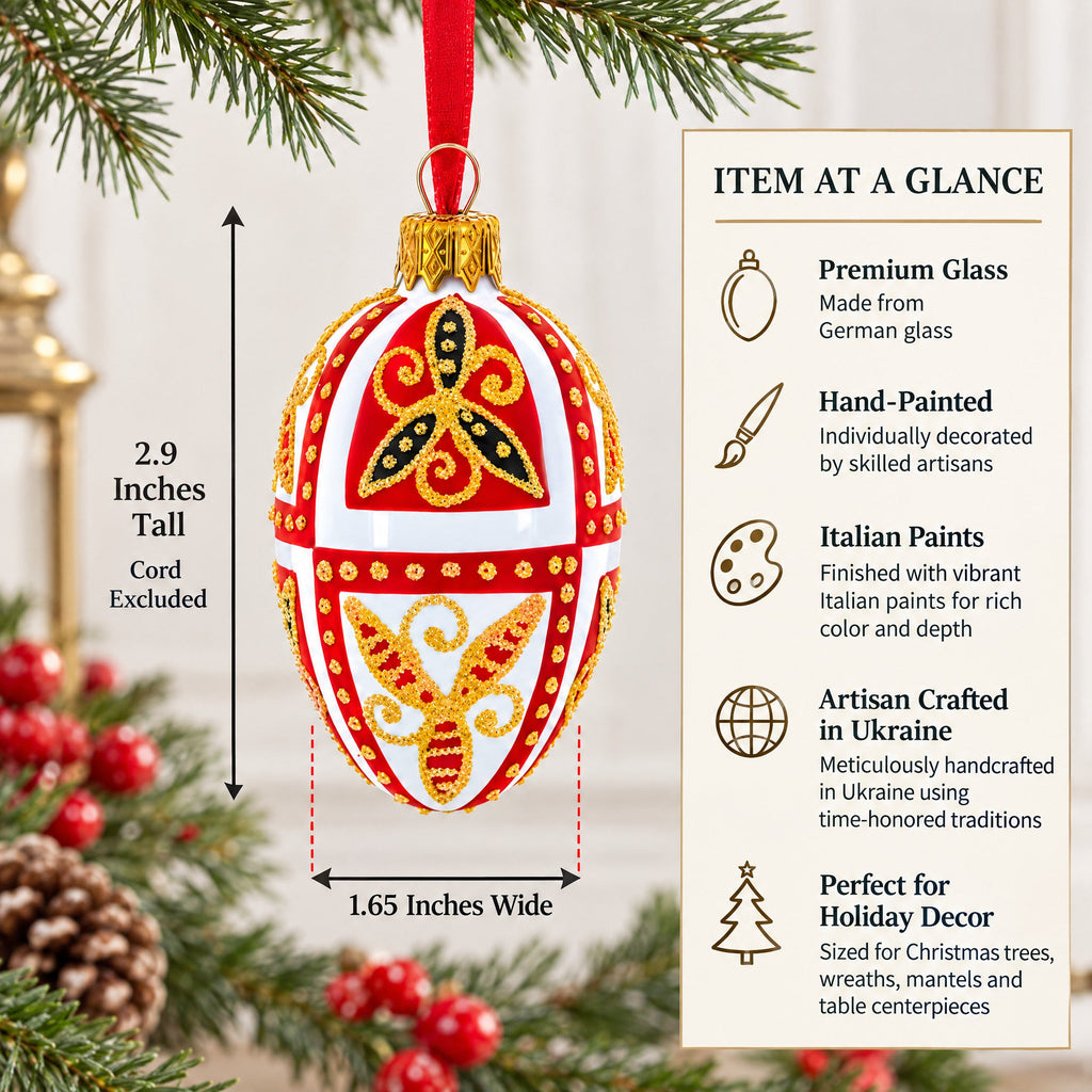 Red & Gold on White Floral Design Mini Glass Egg Ornament 2.9 Inches