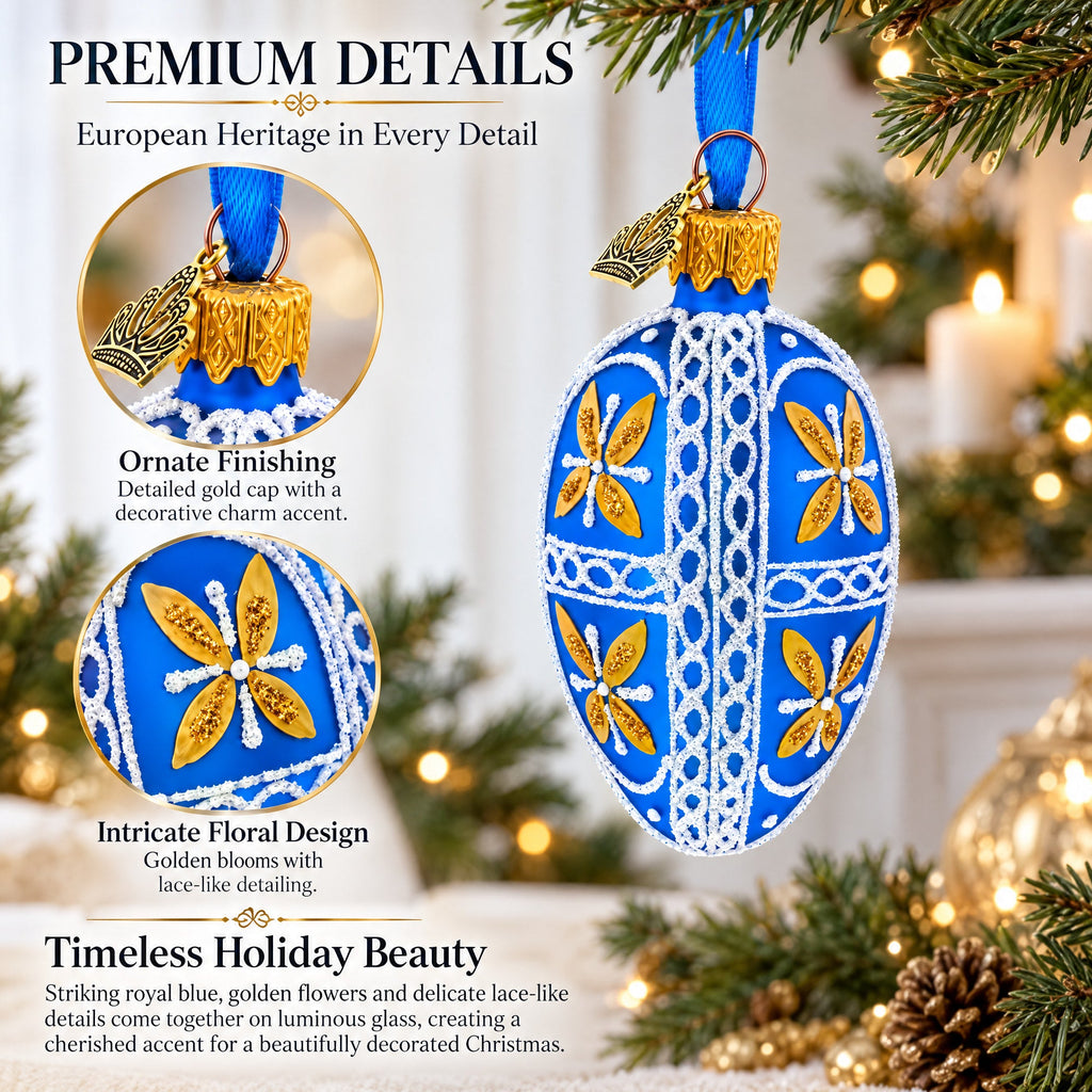 Royal Blue & Gold Floral Lace Mini Glass Egg Ornament 2.9 Inches