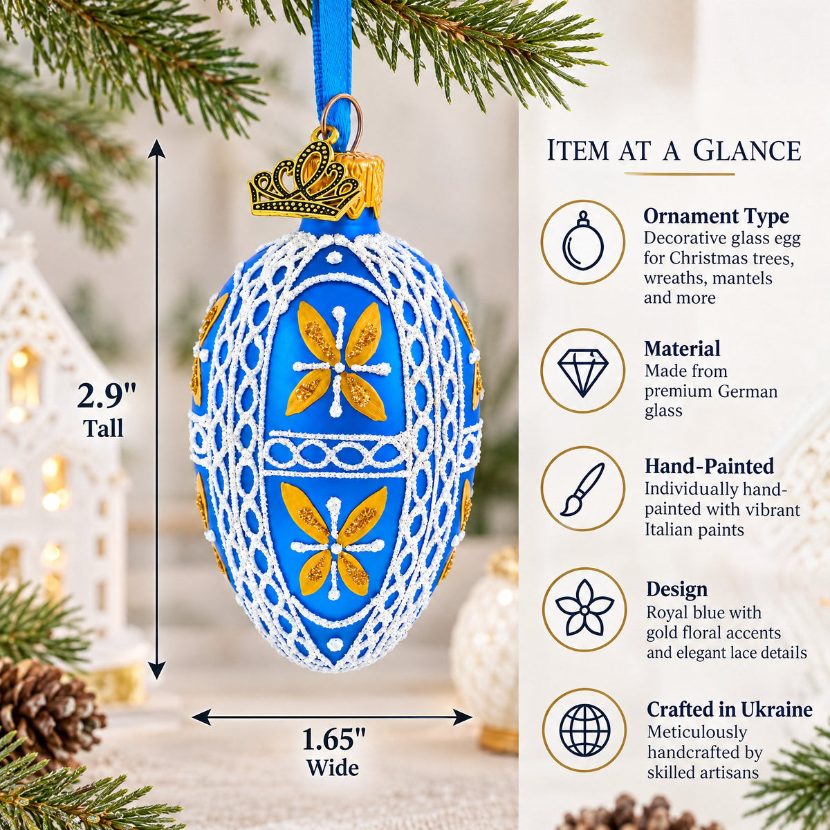 Royal Blue & Gold Floral Lace Mini Glass Egg Ornament 2.9 Inches