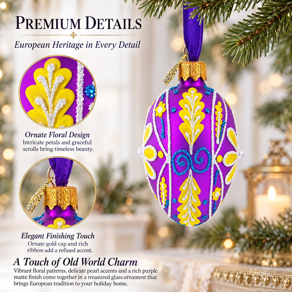 Vibrant Purple & Yellow Pearl Accented Mini Glass Egg Ornament 2.9 Inches