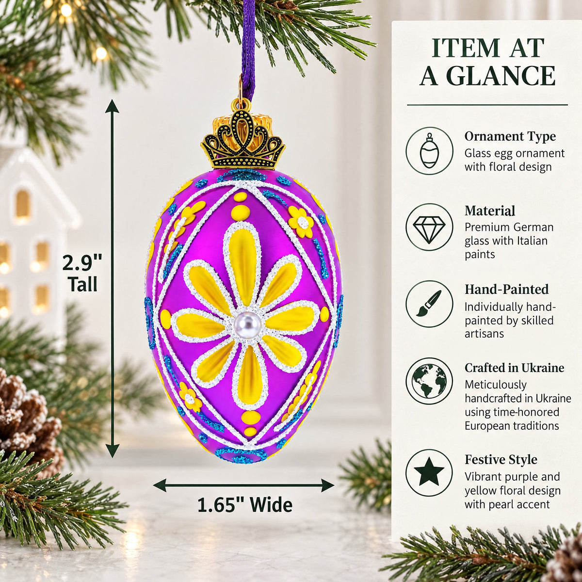 Vibrant Purple & Yellow Pearl Accented Mini Glass Egg Ornament 2.9 Inches
