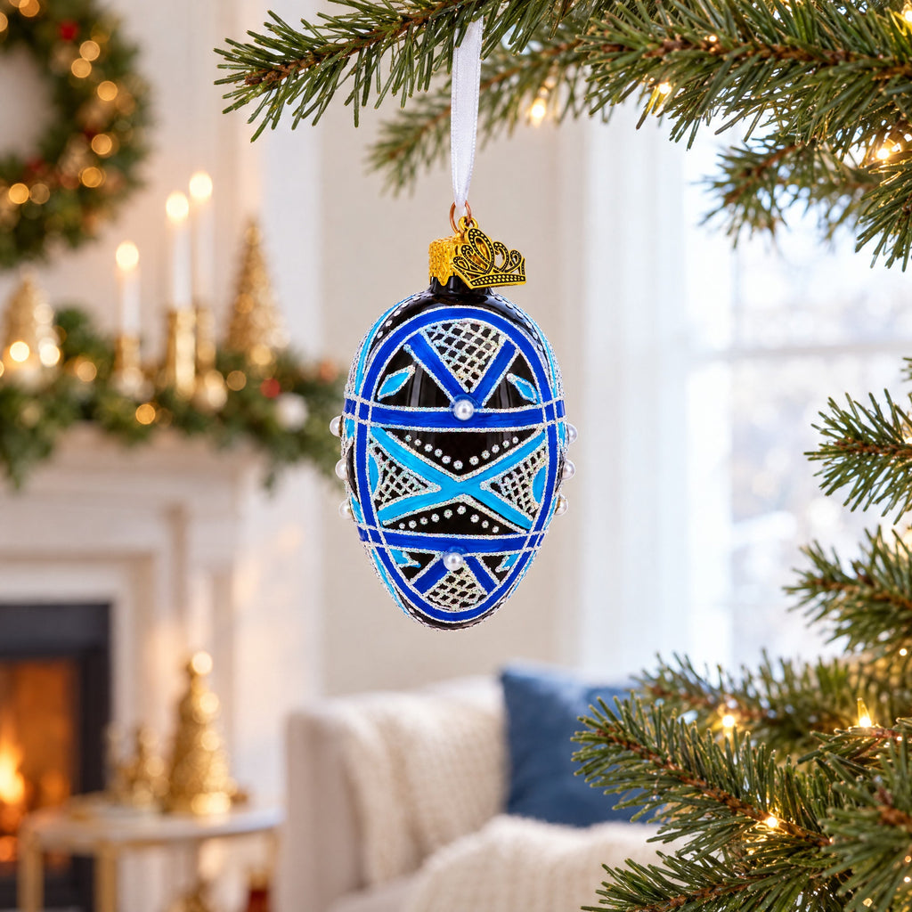 Ukrainian Geometric Blue on Purple Mini Glass Egg Ornament 2.9 Inches