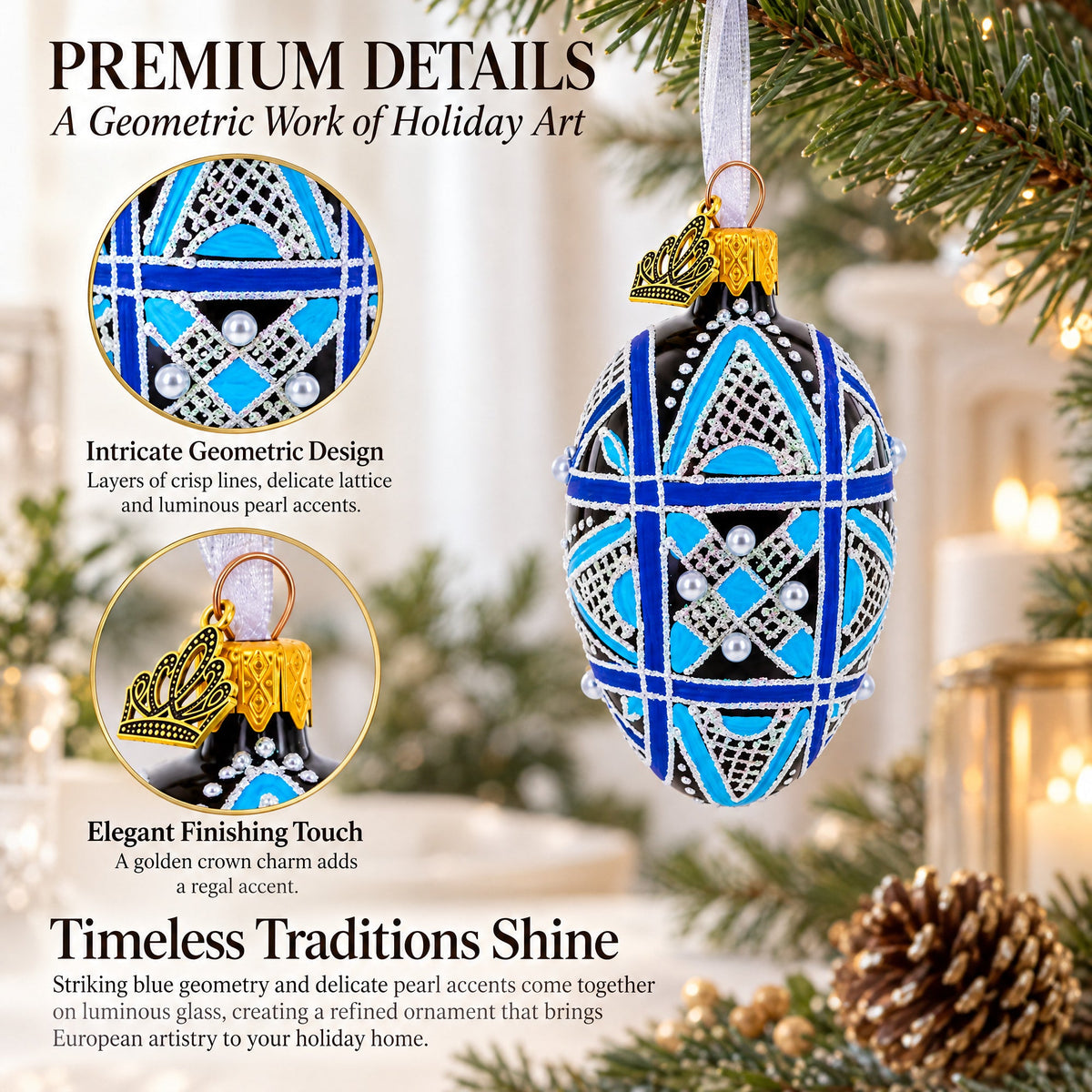 Ukrainian Geometric Blue on Purple Mini Glass Egg Ornament 2.9 Inches