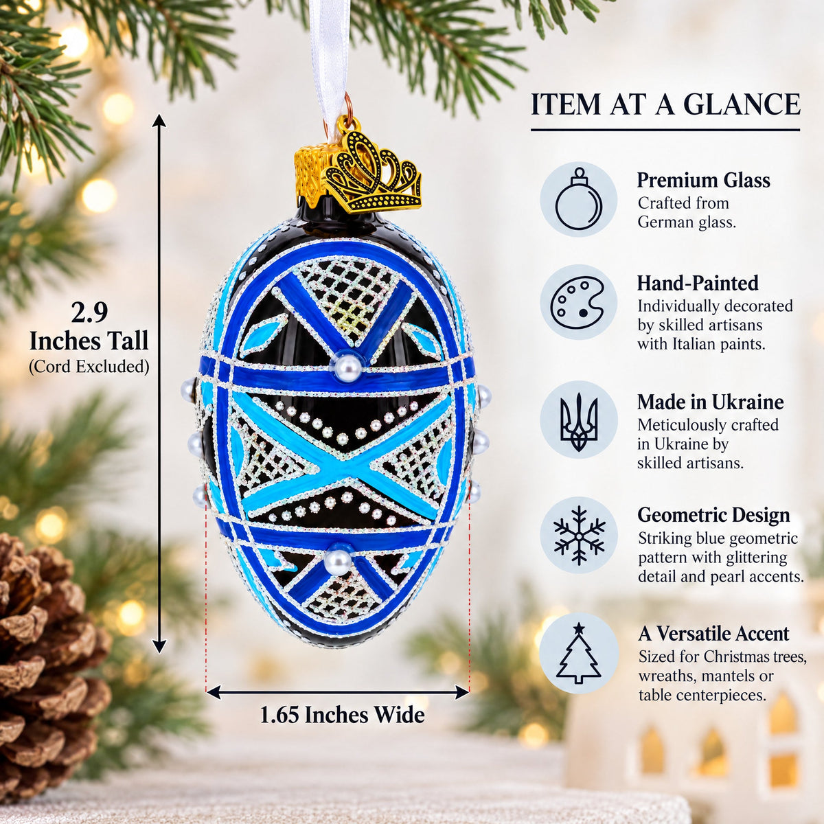 Ukrainian Geometric Blue on Purple Mini Glass Egg Ornament 2.9 Inches