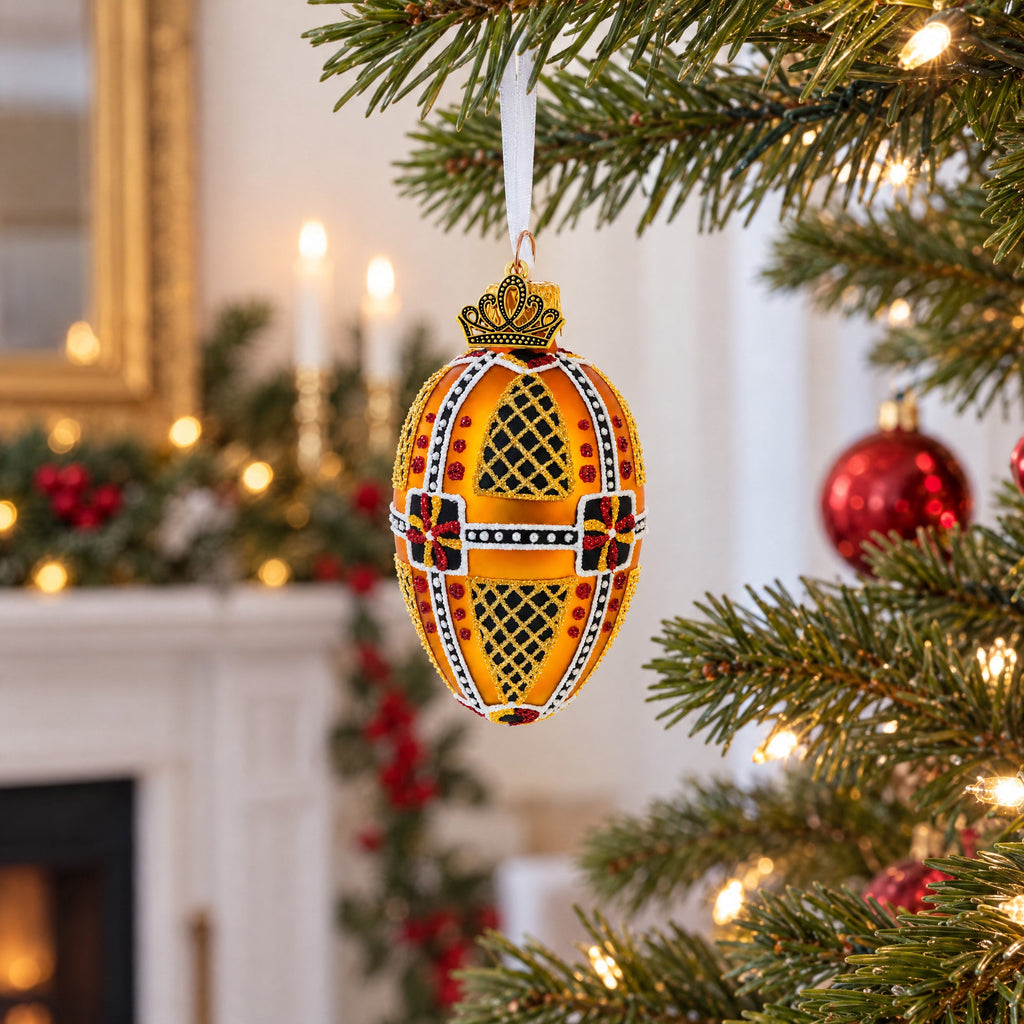 Amber with Red, Black, and Gold Geometric Pattern Mini Glass Egg Ornament 2.9 Inches