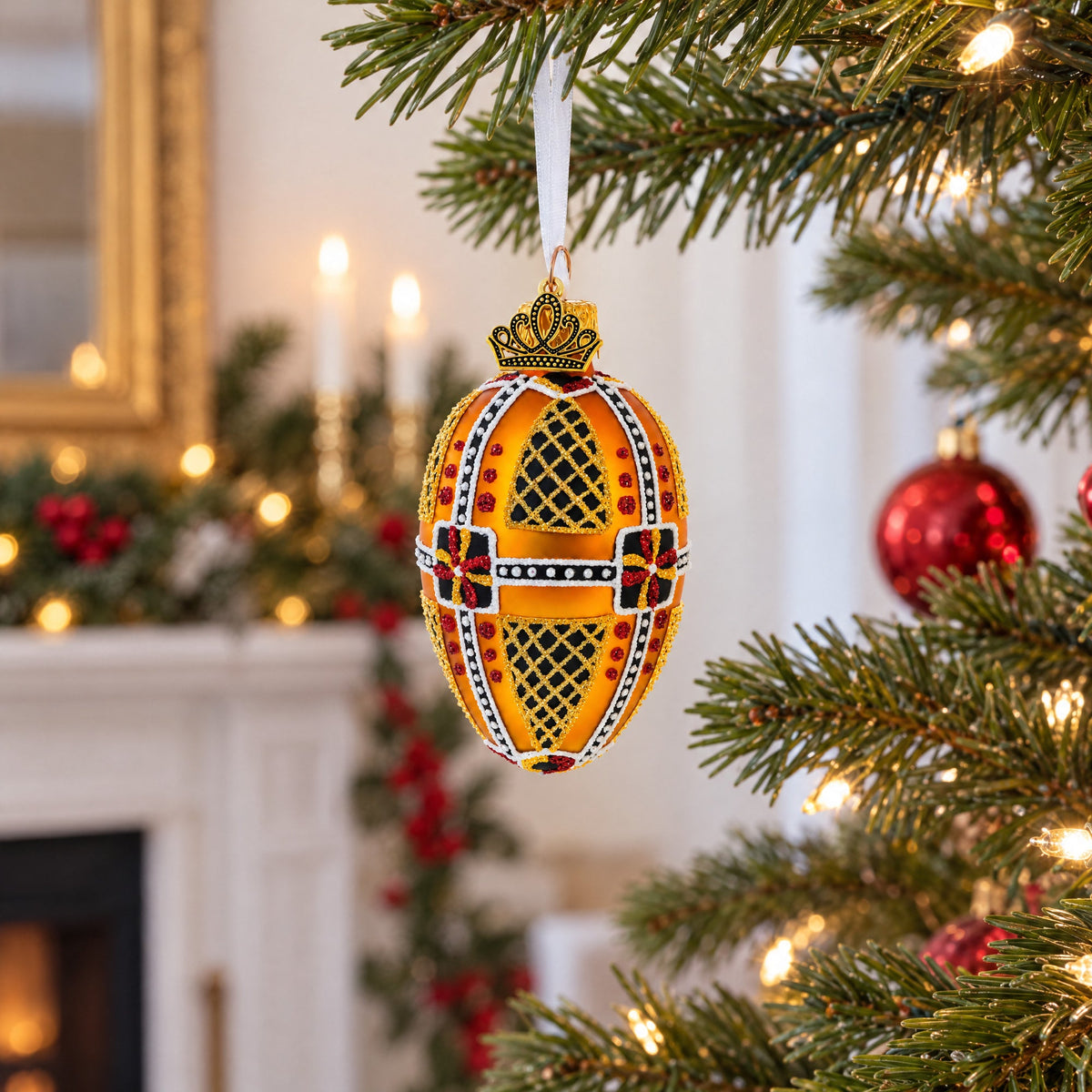 Amber with Red, Black, and Gold Geometric Pattern Mini Glass Egg Ornament 2.9 Inches