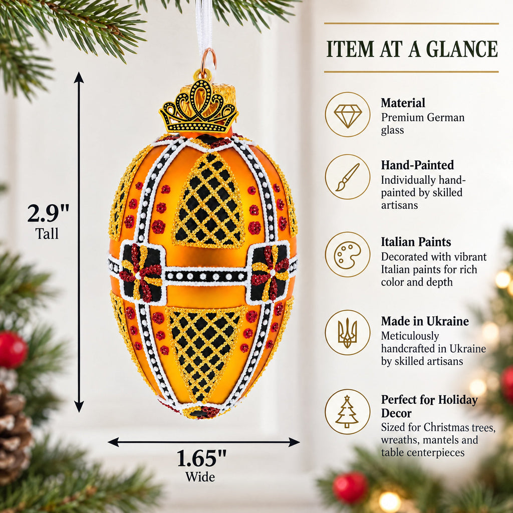Amber with Red, Black, and Gold Geometric Pattern Mini Glass Egg Ornament 2.9 Inches