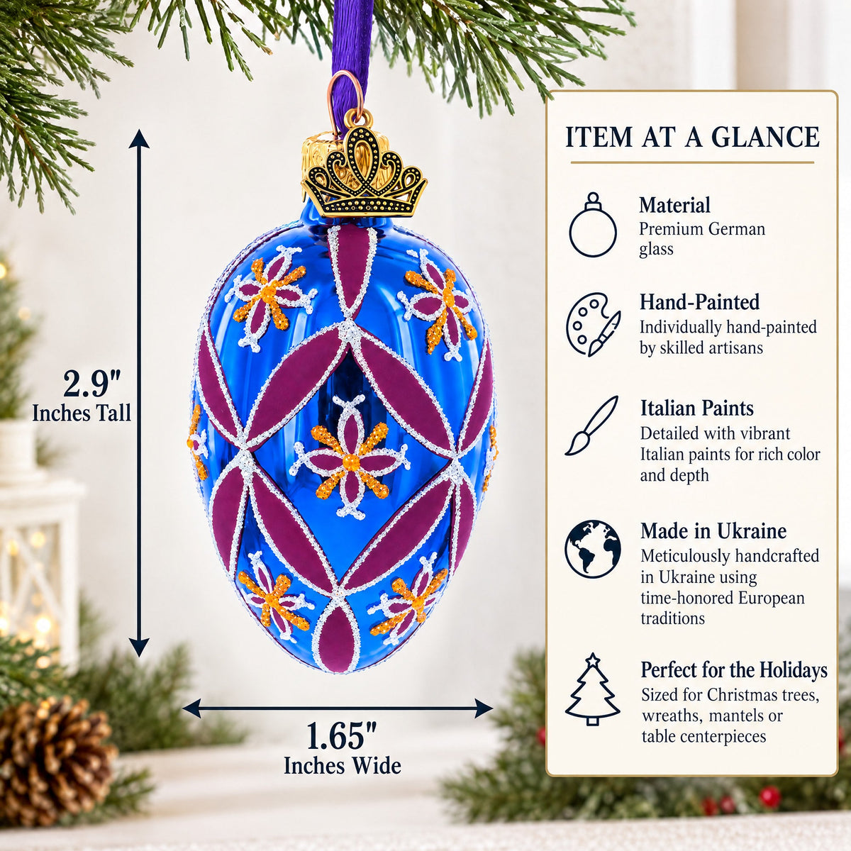 Cobalt Blue with Pink and Yellow Floral Pattern Mini Glass Egg Ornament 2.9 Inches