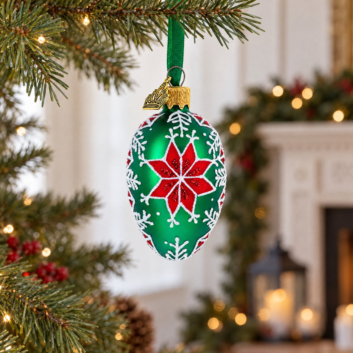 Festive Green with Red and White Snowflake Pattern Mini Glass Egg Ornament 2.9 Inches