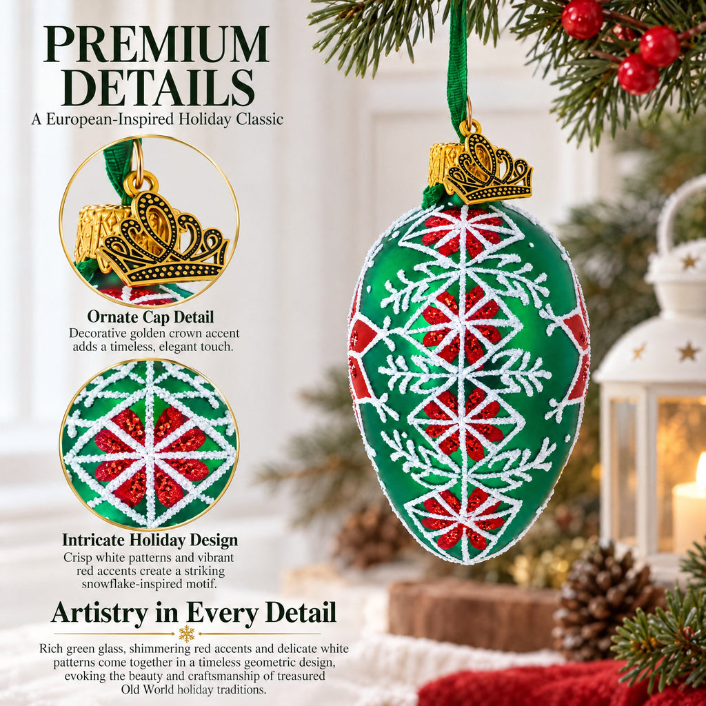 Festive Green with Red and White Snowflake Pattern Mini Glass Egg Ornament 2.9 Inches