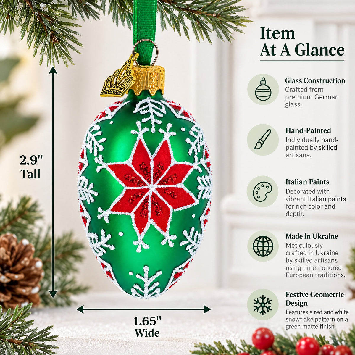 Festive Green with Red and White Snowflake Pattern Mini Glass Egg Ornament 2.9 Inches