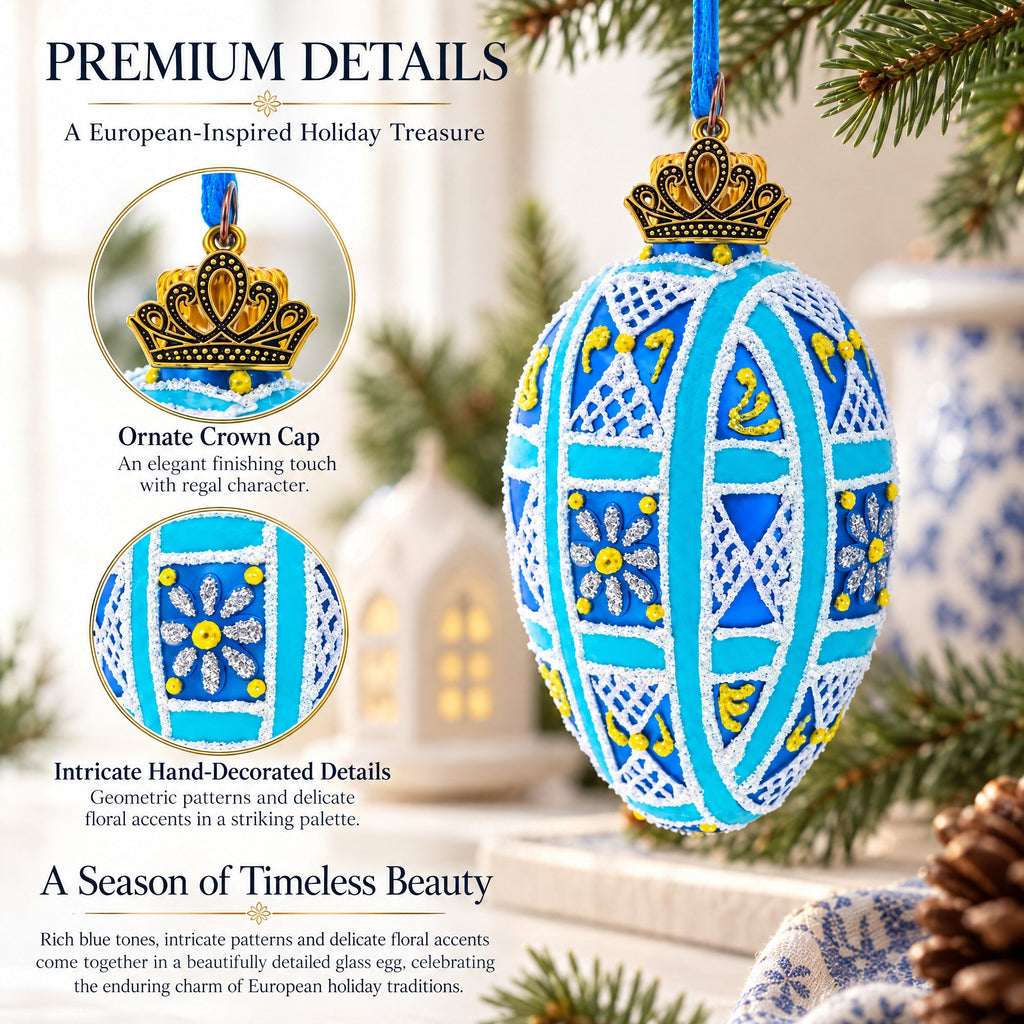 Cobalt Blue and White Geometric Floral Mini Glass Egg Ornament 2.9 Inches