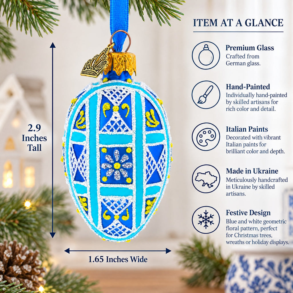 Cobalt Blue and White Geometric Floral Mini Glass Egg Ornament 2.9 Inches