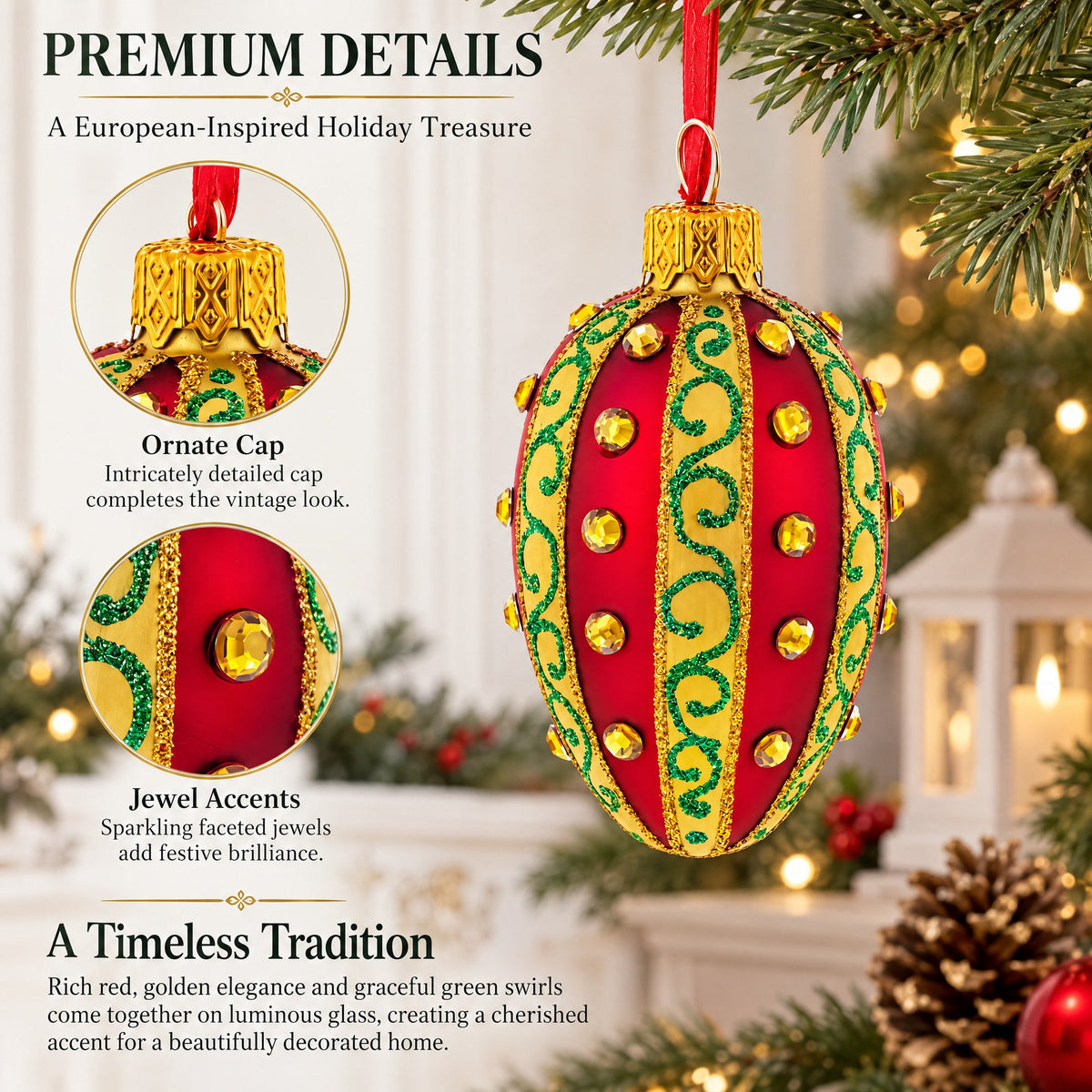 Red and Gold with Green Swirls and Jewel Accents Mini Glass Egg Ornament 2.9 Inches