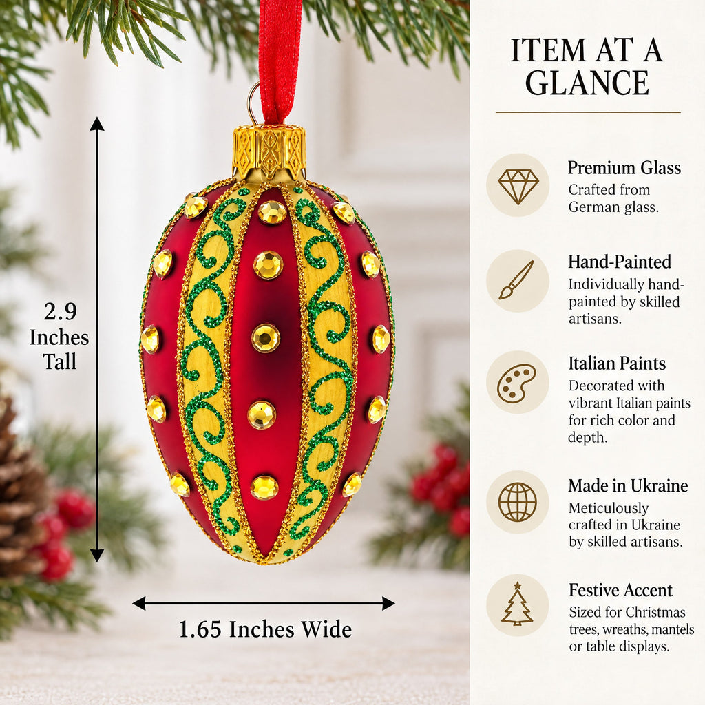 Red and Gold with Green Swirls and Jewel Accents Mini Glass Egg Ornament 2.9 Inches