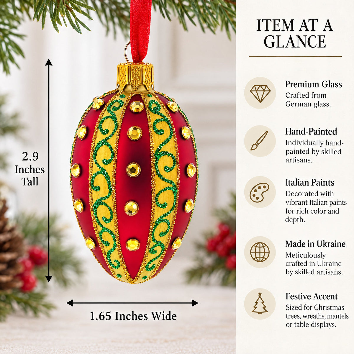 Red and Gold with Green Swirls and Jewel Accents Mini Glass Egg Ornament 2.9 Inches