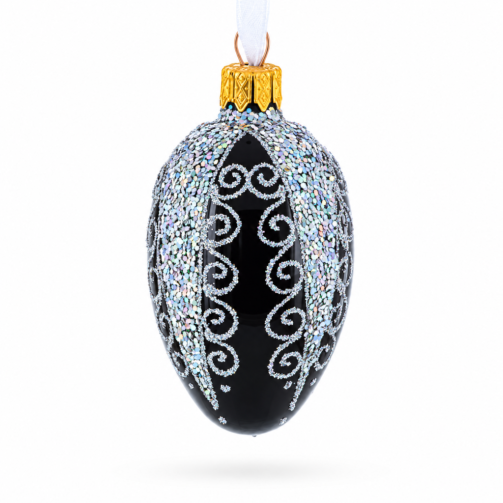 Black with Silver Glitter Swirls and Sequins Mini Glass Egg Ornament 2.9 Inches