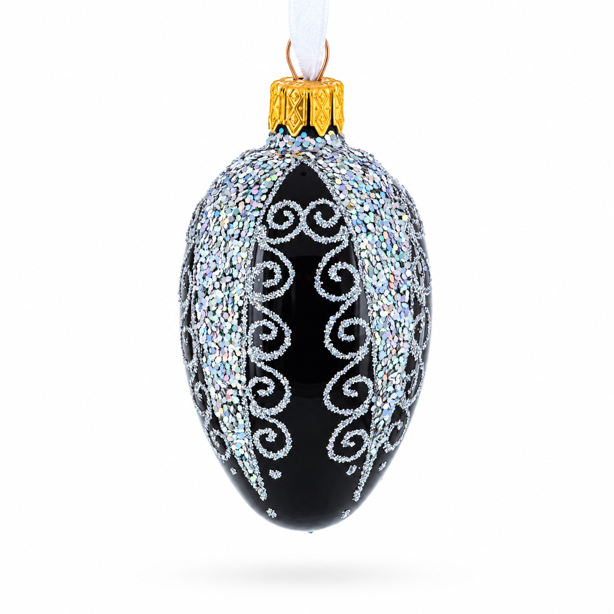 Black with Silver Glitter Swirls and Sequins Mini Glass Egg Ornament 2.9 Inches