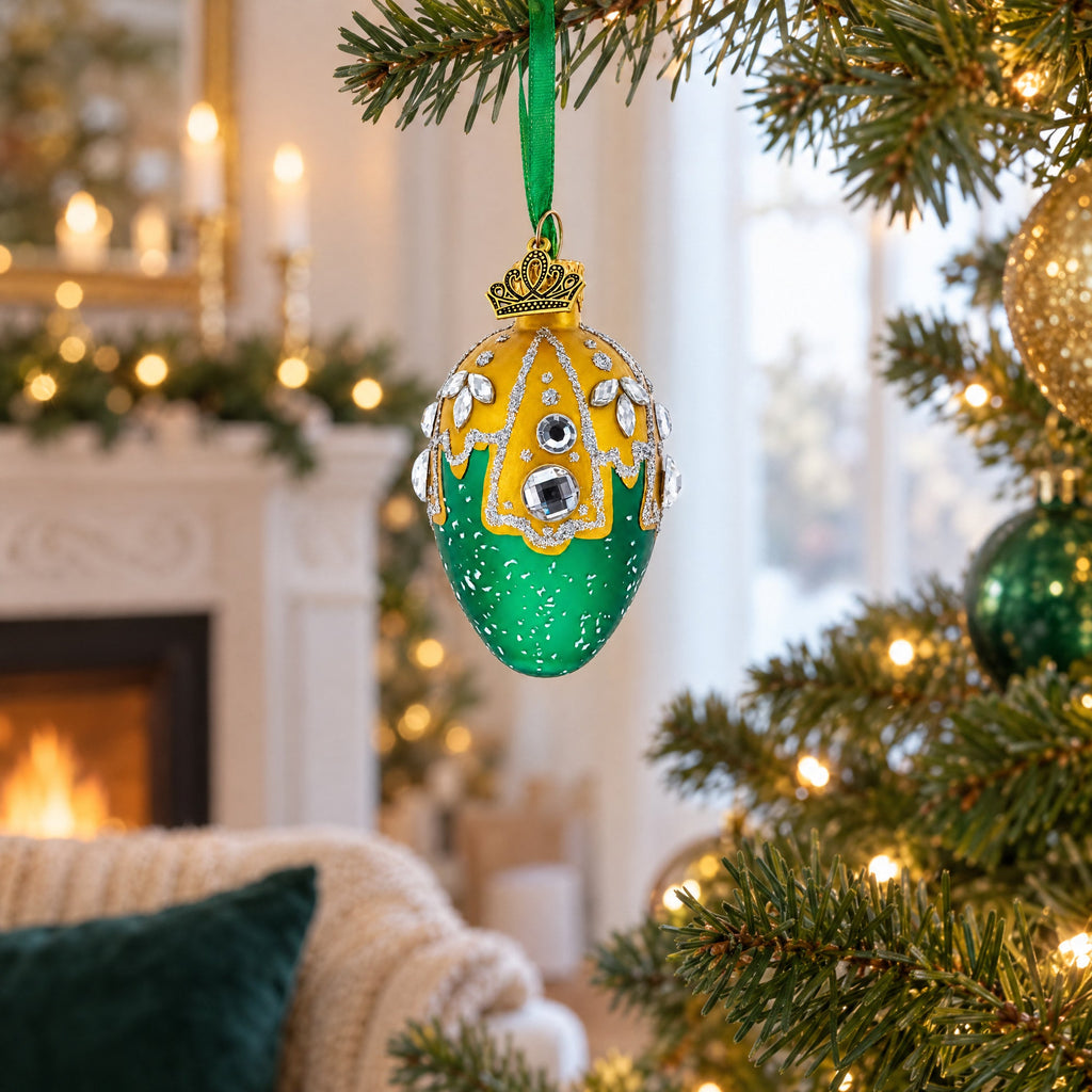 Green with Gold and Clear Jewel Accents Mini Glass Egg Ornament 2.9 Inches