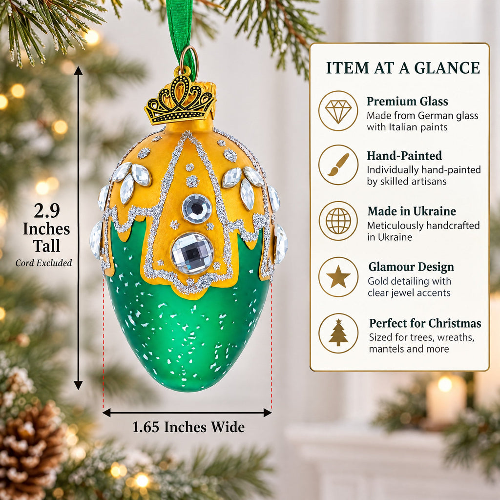 Green with Gold and Clear Jewel Accents Mini Glass Egg Ornament 2.9 Inches