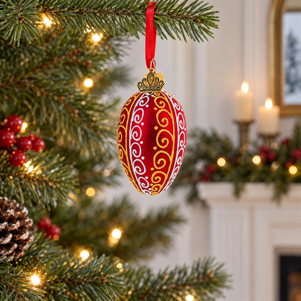 Red with Gold and White Swirl Design Mini Glass Egg Ornament 2.9 Inches