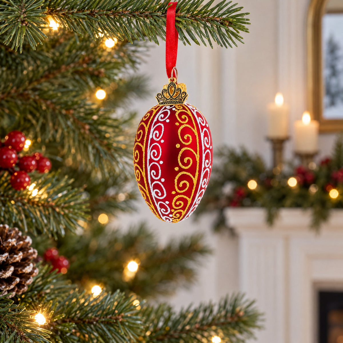 Red with Gold and White Swirl Design Mini Glass Egg Ornament 2.9 Inches