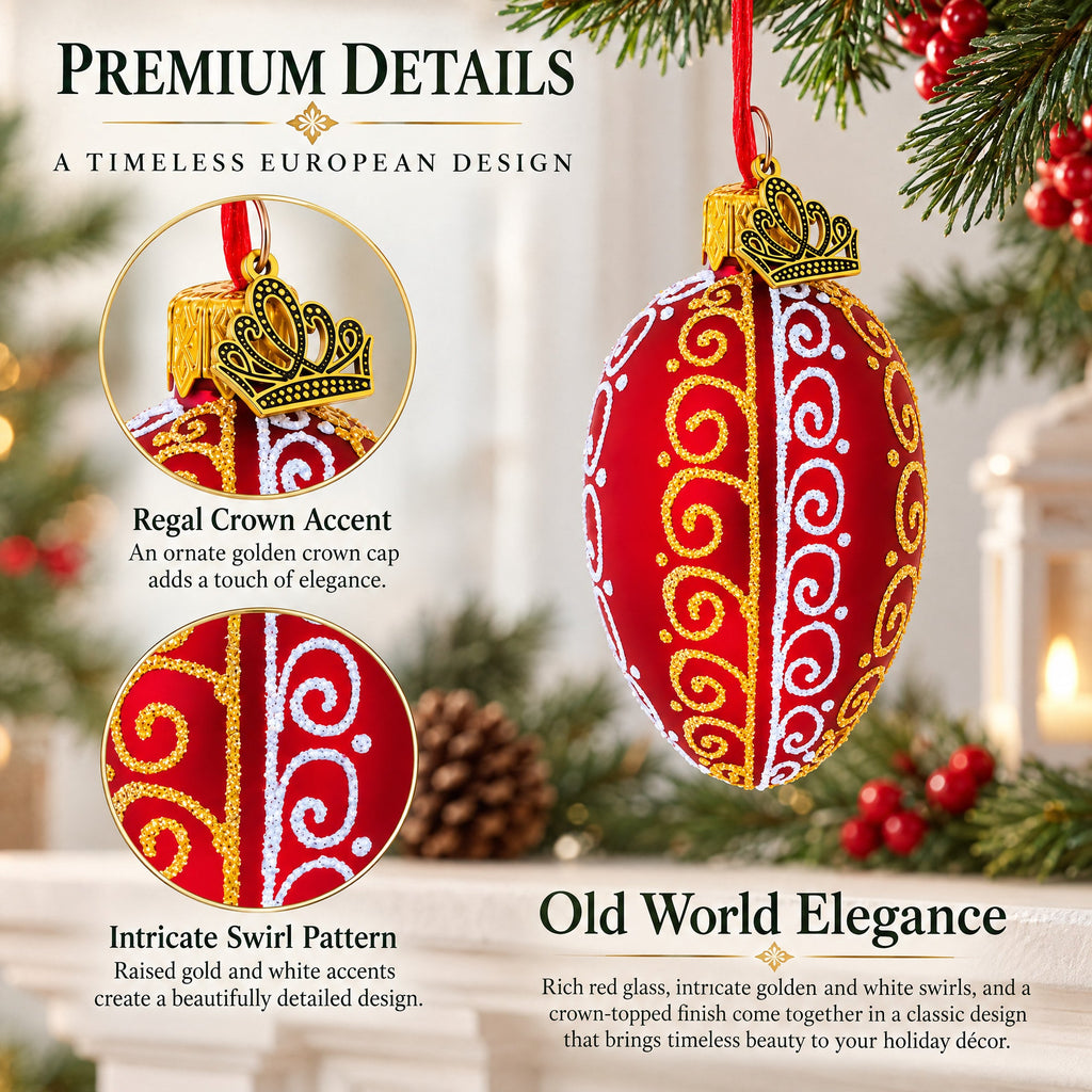 Red with Gold and White Swirl Design Mini Glass Egg Ornament 2.9 Inches