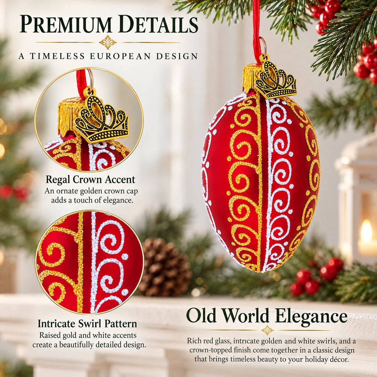 Red with Gold and White Swirl Design Mini Glass Egg Ornament 2.9 Inches