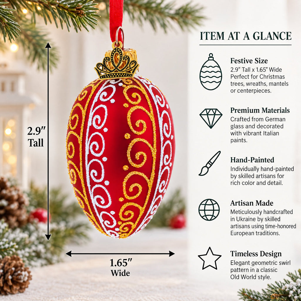 Red with Gold and White Swirl Design Mini Glass Egg Ornament 2.9 Inches