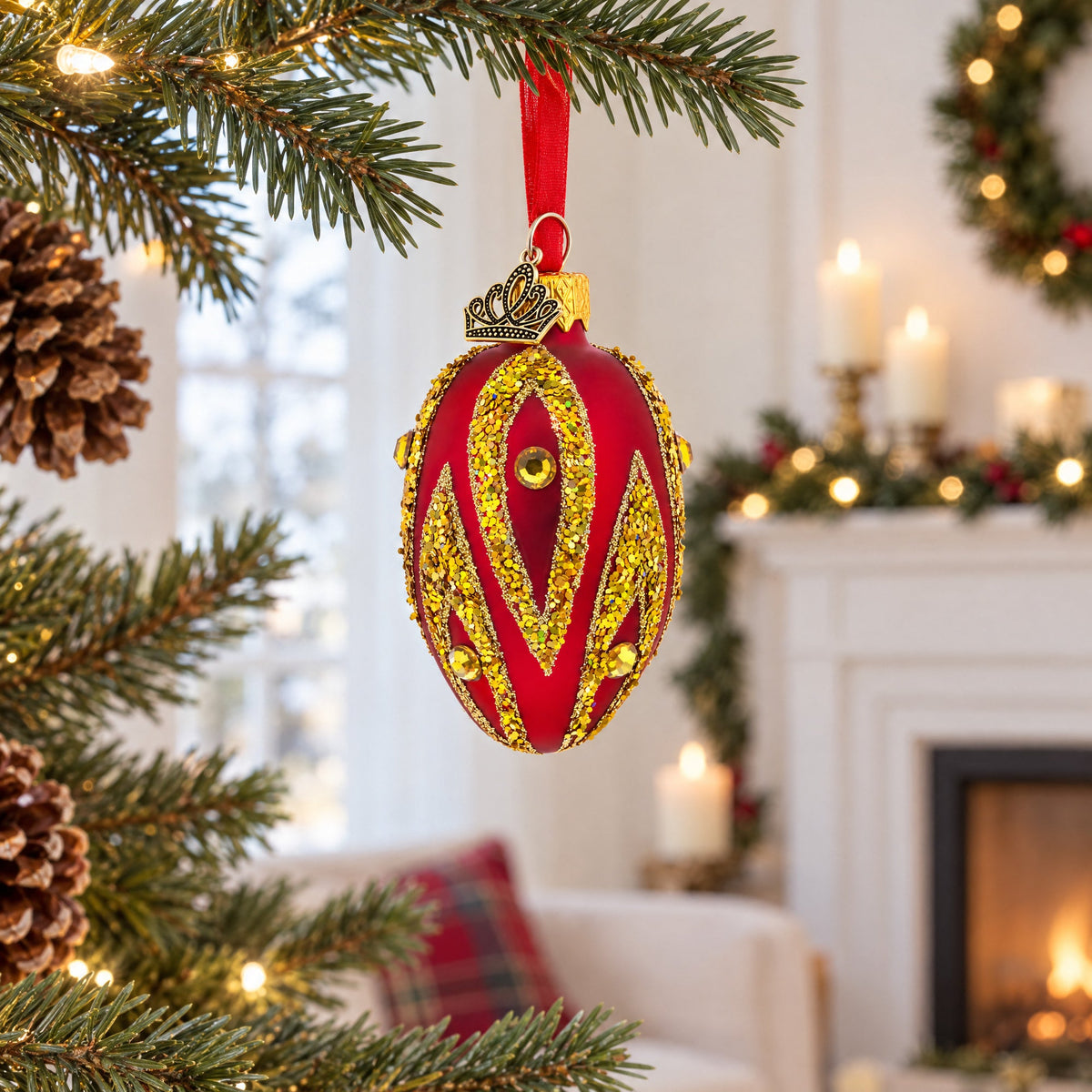 Red with Gold and Green Glitter Flame Design Mini Glass Egg Ornament 2.9 Inches