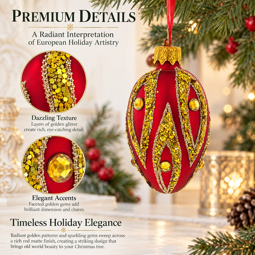 Red with Gold and Green Glitter Flame Design Mini Glass Egg Ornament 2.9 Inches