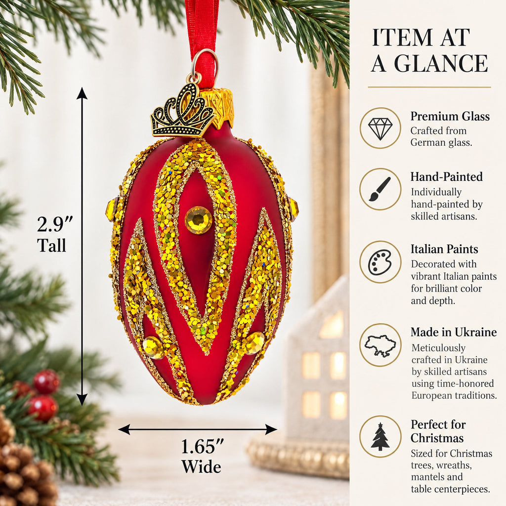 Red with Gold and Green Glitter Flame Design Mini Glass Egg Ornament 2.9 Inches