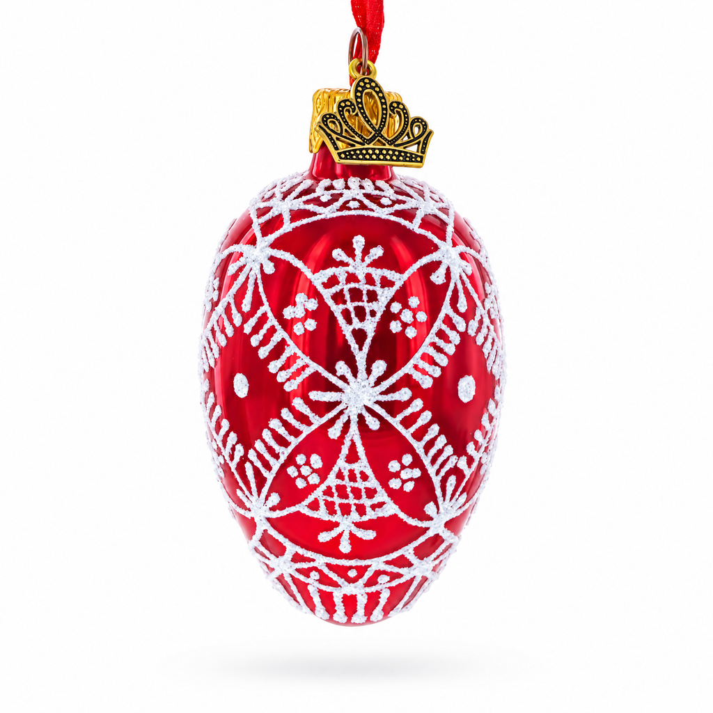 Red with White Glitter Snowflake Lace Design Mini Glass Egg Ornament 2.9 Inches