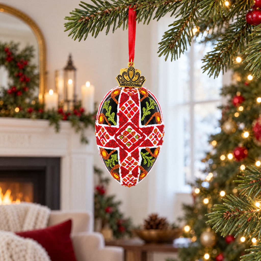 Black with Red, Green, and Gold Glitter Cross Pattern Mini Glass Egg Ornament 2.9 Inches